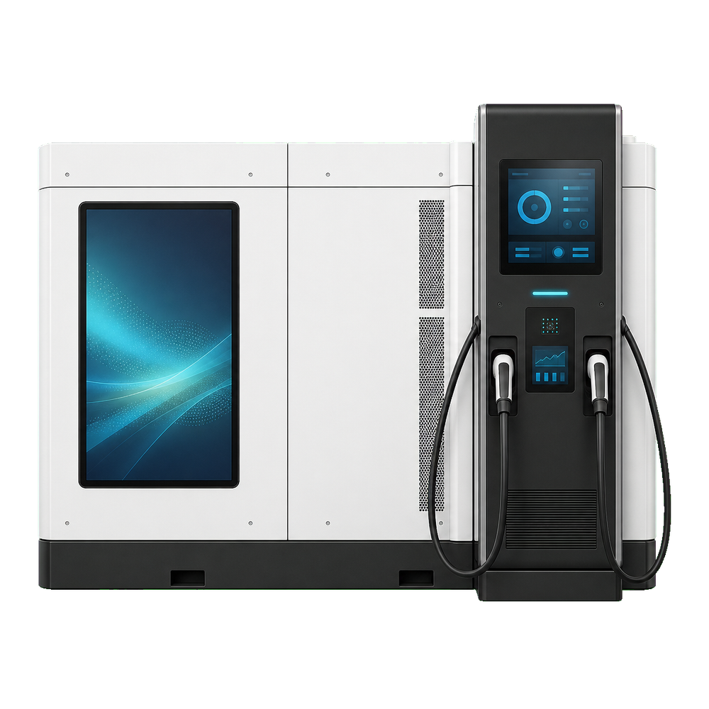 241kWh Fixed BESS EV Charger with 120kW output and advertising screen reference product angle
