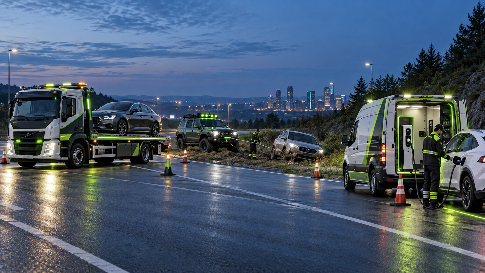 Illustrative towing, winch-out and mobile EV charging service fleet