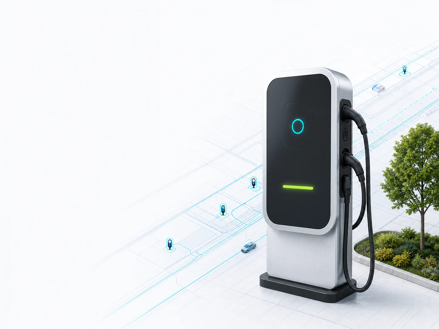 Commercial EV charging equipment connected to a site blueprint