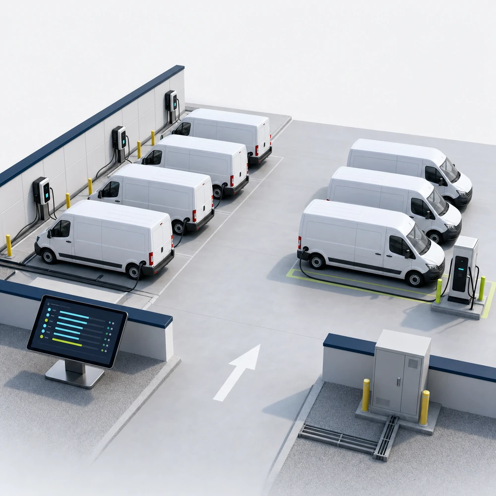 Illustrative return-to-base fleet depot with overnight AC bays, priority charging and departure scheduling