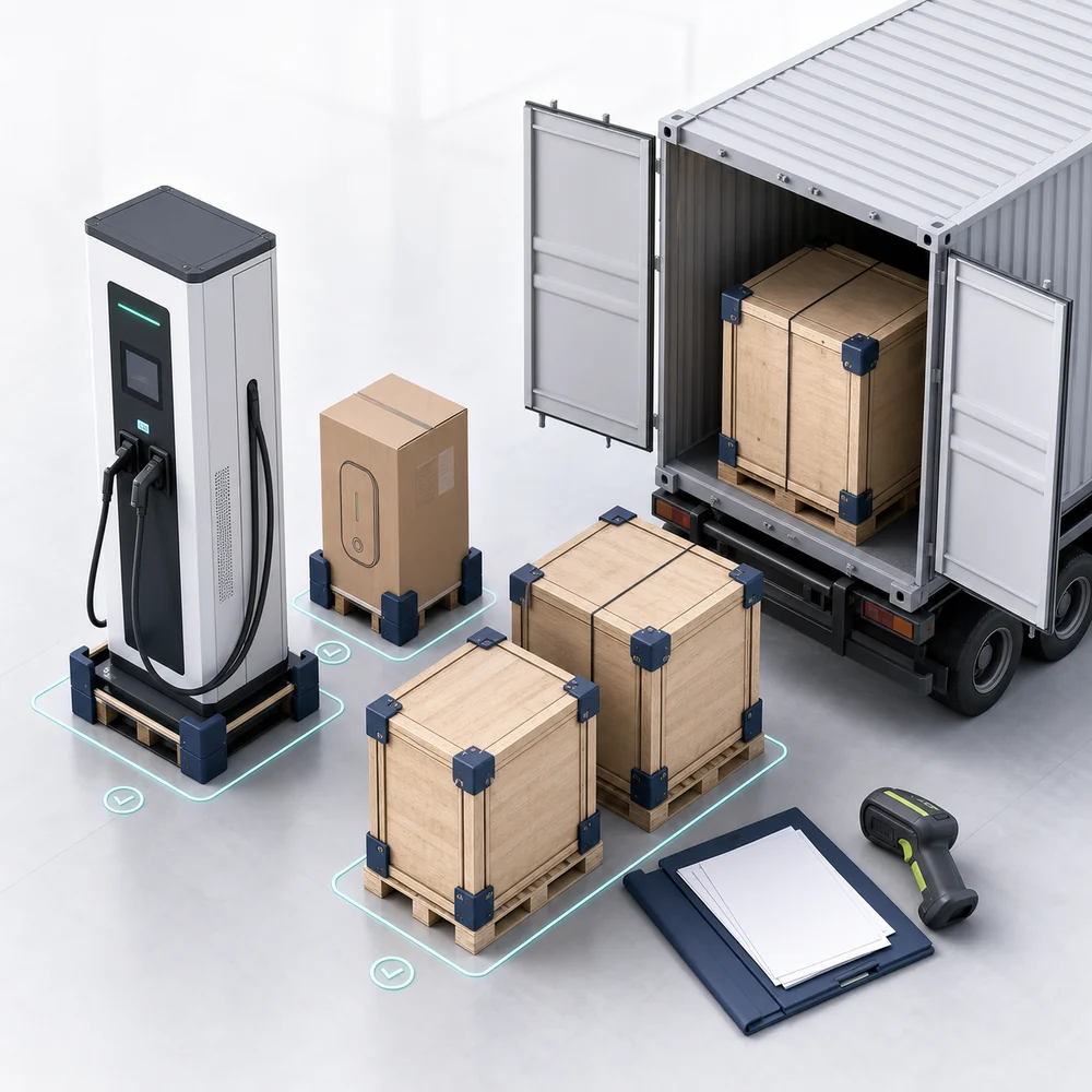 Illustrative international EV charger order with inspected equipment, export crates, shipping container and document pack