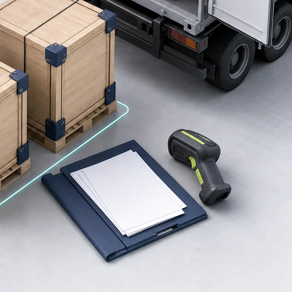 Illustrative blank shipping document folder and package scanner beside export cargo
