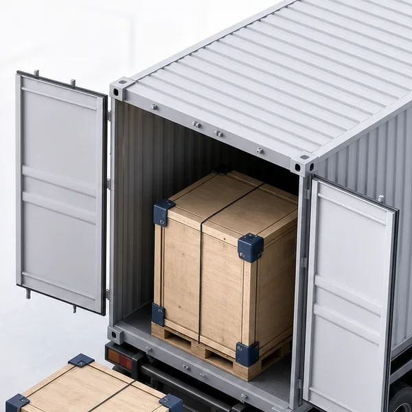 Illustrative export crate loaded into a shipping container at the agreed transport handoff