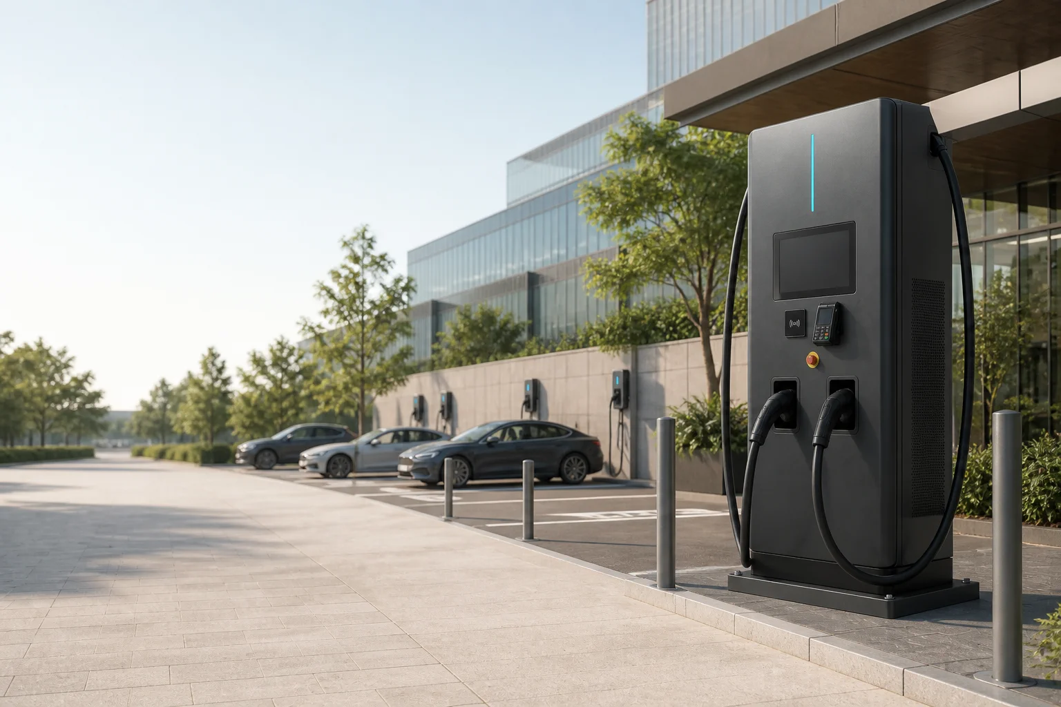 Illustrative concept of a commercial EV charging site with a DC fast charger and AC charging bays beside a modern office building