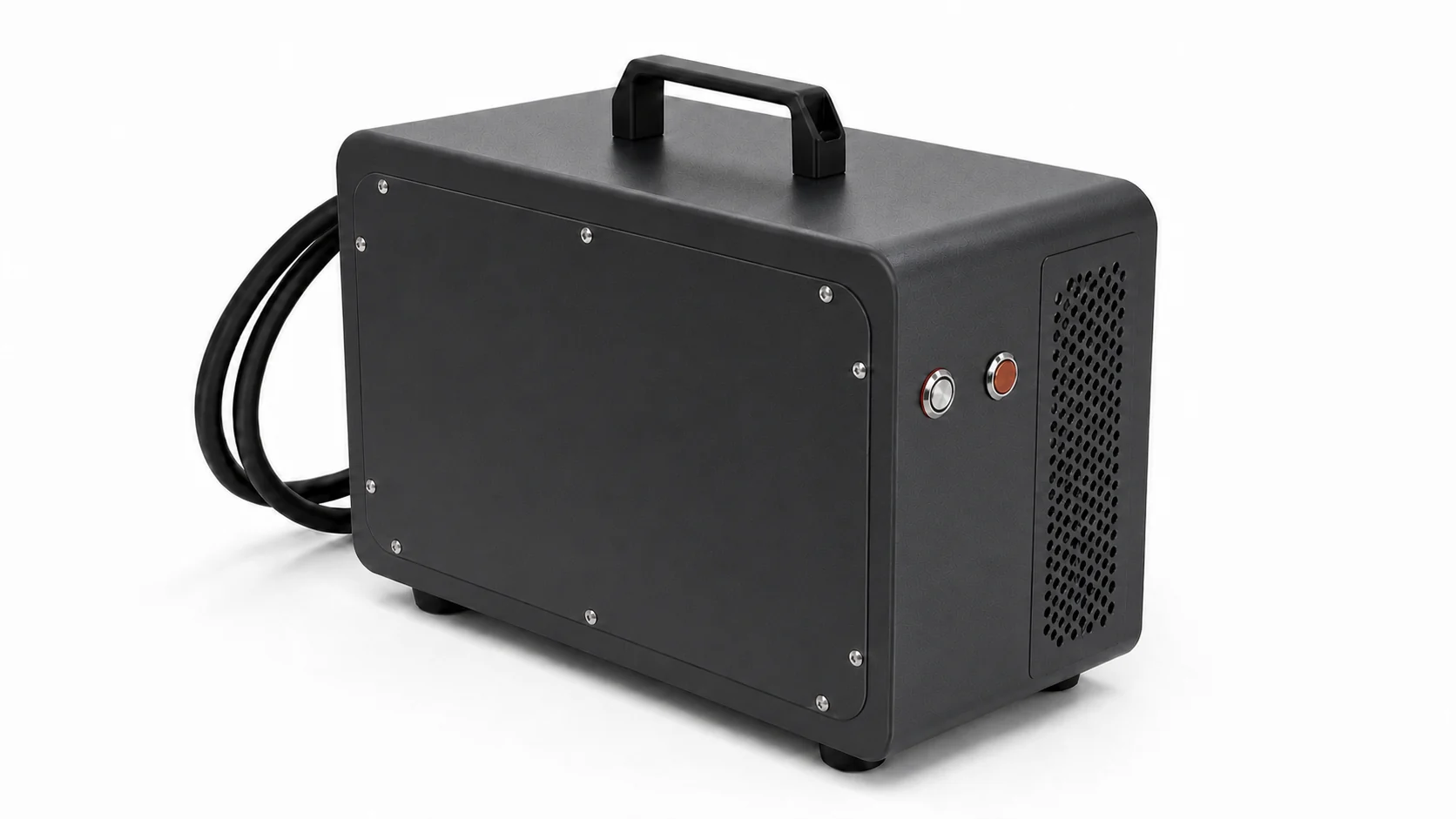 EVBBC MOB7 portable DC charger control-side product view showing buttons, handle and ventilation