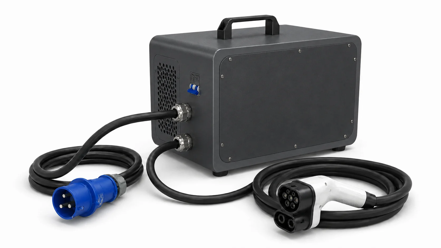 EVBBC MOB7 portable DC charger with its input cable and vehicle connector