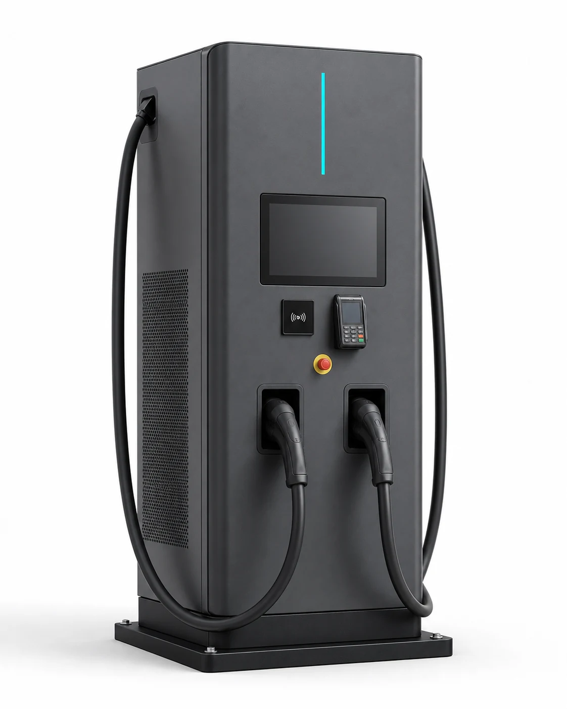 Illustrative EVBBC all-in-one commercial DC fast charger family visual used for project planning