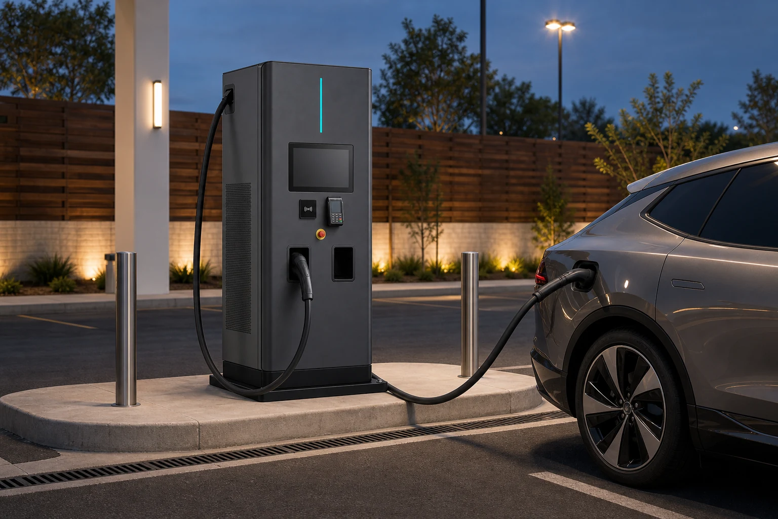 Illustrative EVBBC commercial DC fast charger beside a vehicle in a planned charging lane
