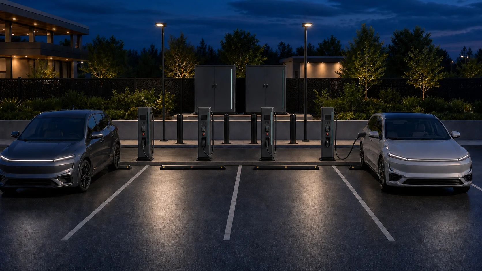 Illustrative EVBBC fleet charging terminals and power cabinets arranged across a depot charging area