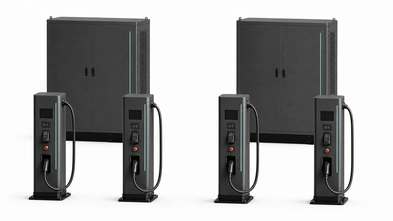 Illustrative EVBBC centralized fleet charging equipment with remote vehicle-side terminals