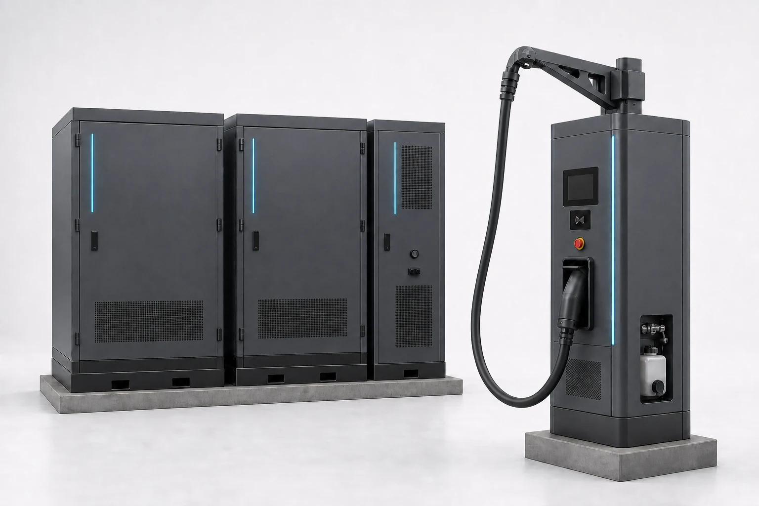 Illustrative EVBBC liquid-cooled fleet charging layout with remote power cabinets and a charging terminal