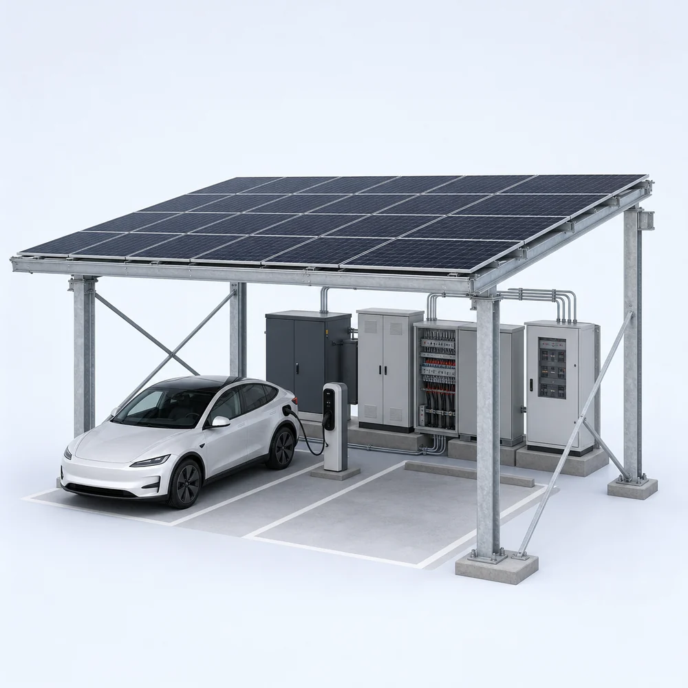 Illustrative modular solar canopy and EV charging bay for a site-matched remote energy system