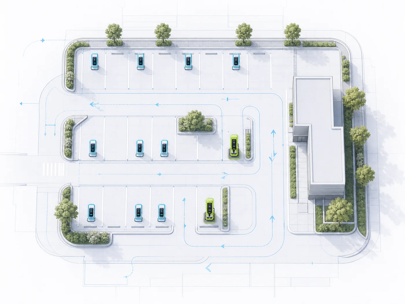 Illustrative EVBBC commercial site blueprint showing coordinated AC and DC charging